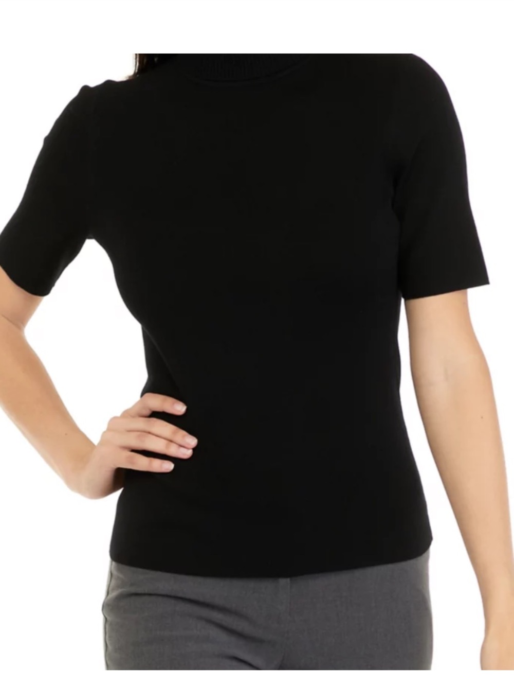 Anne Klein Black Elbow Sleeve Short-Sleeve TurtleNeck Top